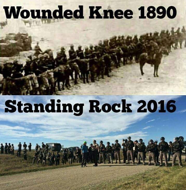 Podczas protestów w Standing rock w 2016 r. Indianie z przeszło 300 plemion odwoływali się do symboliki Wounded Knee.