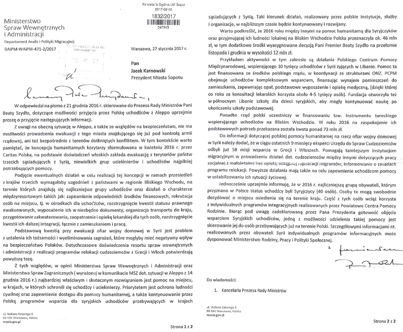 skan odpowiedzi MSWiA dla prezydenta Sopotu publikowany przez portal Interia