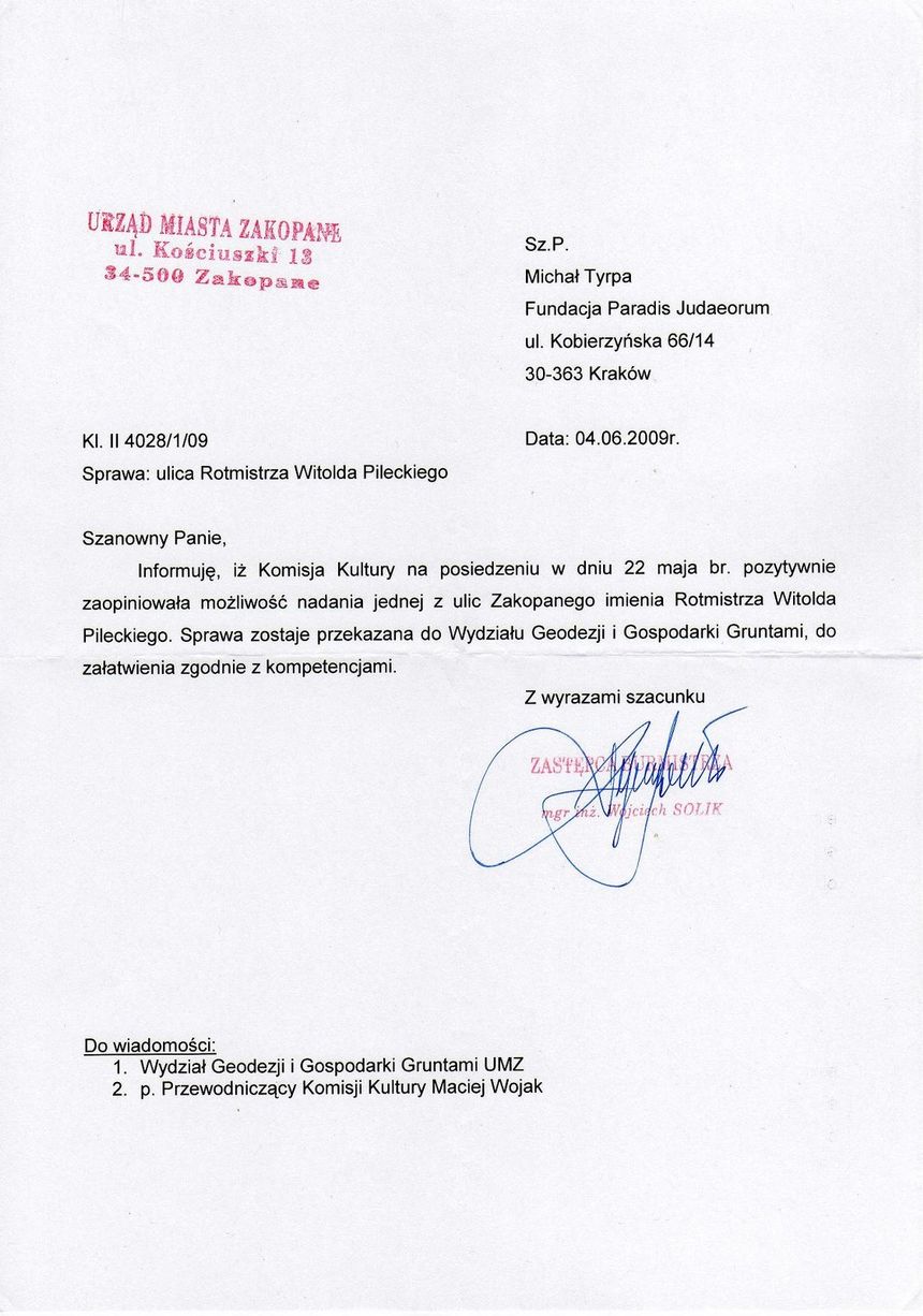 List władz Zakopanego do Fundacji Paradis Judaeorum z 4 czerwca 2009 r.
