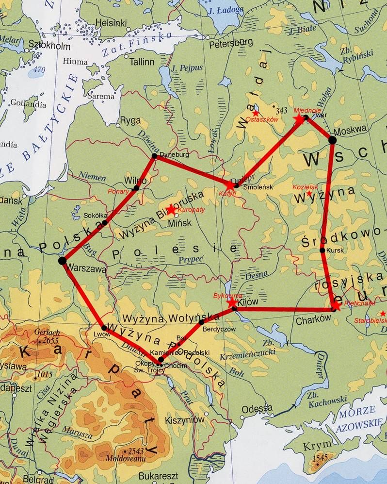 Trasa XIV Międzynarodowego Motocyklowego Rajdu Katyńskiego 23.VIII - 14.IX.2014