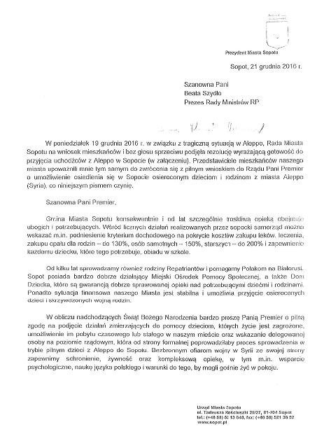 skan listu prezydenta Sopotu publikowany przez portal gazeta.pl
