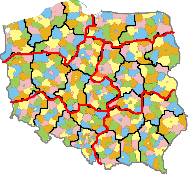 Czerwone linie to granice regionów na potrzeby unijne.