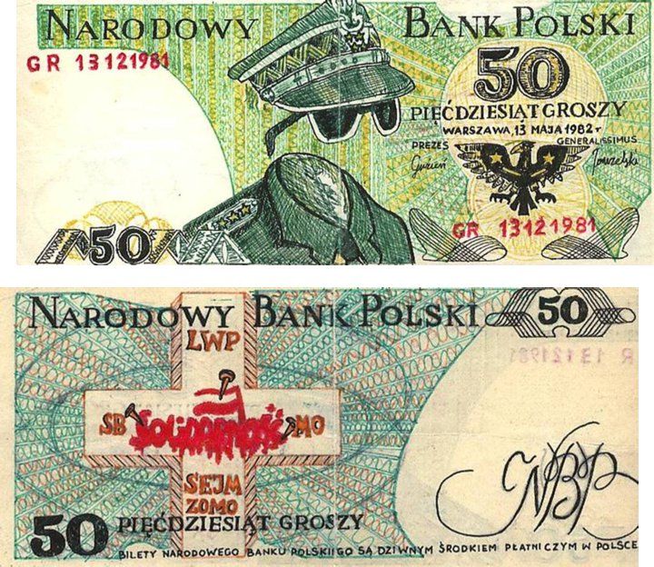 Awers i rewers banknotu, który wykonałem własnoręcznie w ilości 1 sztuki, ale wg wzoru druku Solidarności Walczącej - maj 1982