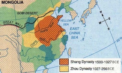 Porównanie areału dynastii Shang z 1027 r. p.n.e. i dynastii Zhou z 771 r. p.n.e.