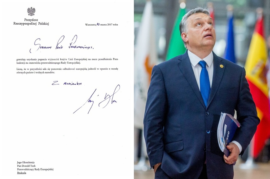 Depesza gratulacyjna Andrzeja Dudy i Viktor Orban w Brukseli, fot. prezydent.pl i PAP/EPA/STEPHANIE LECOCQ