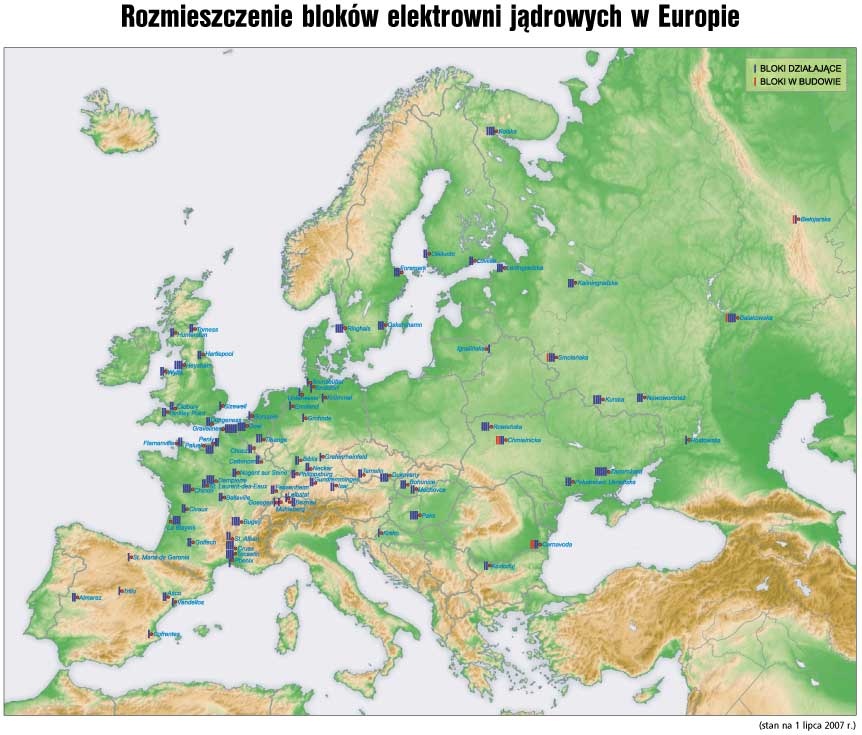 mapa rozmieszczenia bloków jądrowych w Europie.
