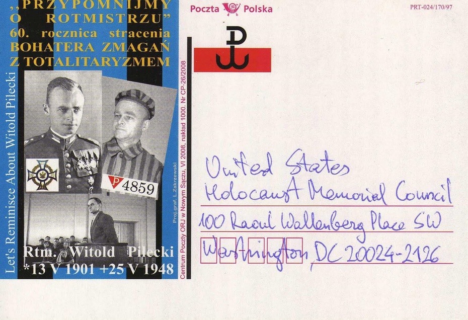 Pocztówka akcji "Przypomnijmy o Rotmistrzu" -załącznik listu Fundacji Paradis Judaeorum do Muzeum Holocaustu (fot.Michał Tyrpa)