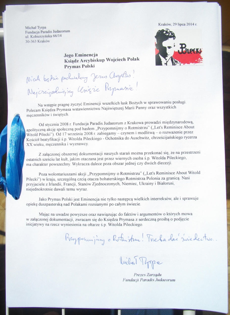 List Fundacji Paradis Judaeorum do prymasa Wojciecha Polaka z 29.VII.2014 w sprawie beatyfikacji rtm.Witolda Pileckiego