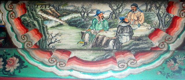 Ilustracja sceny w Ogrodzie Brzoskwiniowym "Opowieści o Trzech Królestwach" w Długim Korytarzu Pałacu Letniego w Beijing