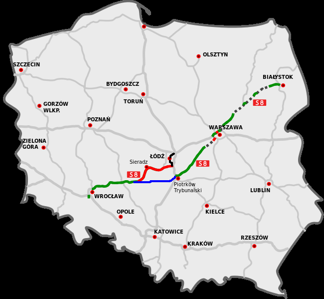 Zielona linia - zaprojektowana  S-B , czerwona - odcinek łódzki, niebieska -  przez  Bełchatów, czarna - przejazd przez Łódź.