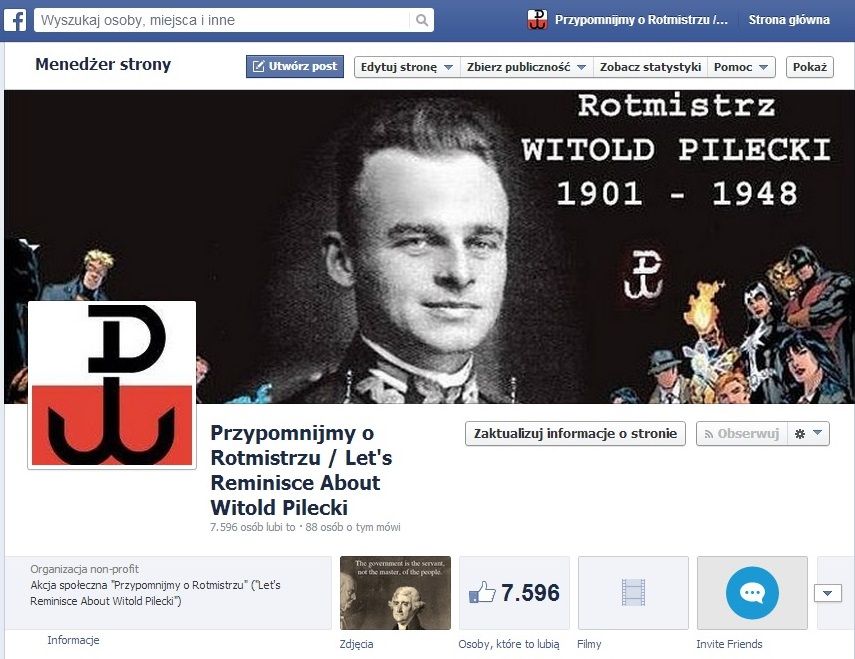 Główna facebookowa strona akcji społecznej "Przypomnijmy o Rotmistrzu" ("Let's Reminisce About Witold Pilecki")