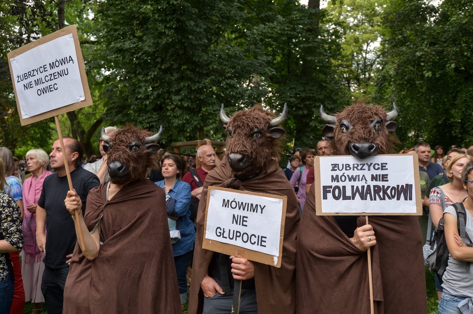 Uczestnicy manifestacji przeciwko wycince Puszczy Białowieskiej, fot. PAP/Marcin Obara