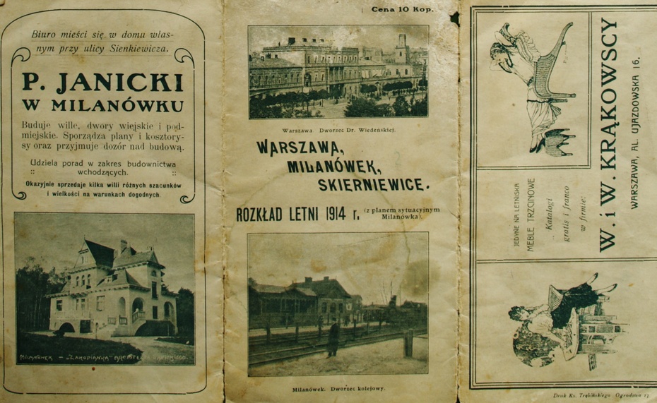 Fragment rozkładu letniego z roku 1914, zawierającego plan letniska Milanówek oraz reklamy pensjonatów i sklepów. Fot. RZ
