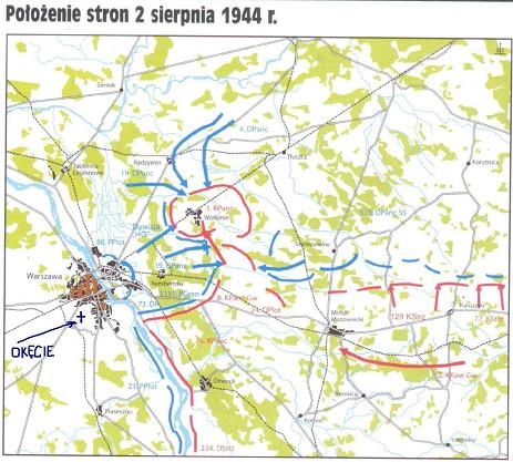 Front na Wiśle 2 sierpnia 1944, zaznaczone krzyżykiem nieatakowane do 16.9 lotnisko Okęcie odległe od sowieckich pozycji o 10 km