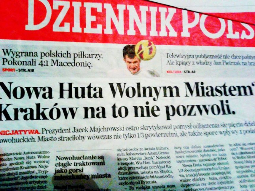 Tytułowa strona "Dziennika Polskiego" z 15 grudnia 2012 r. Dzień po ogłoszeniu Manifestu Wolnego Miasta Nowa Huta.