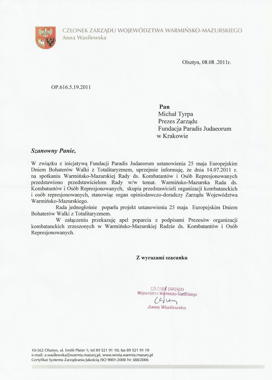 List Anny Wasilewskiej - członka Zarządu Województwa Warmińsko-Mazurskiego z 8.08.2011.