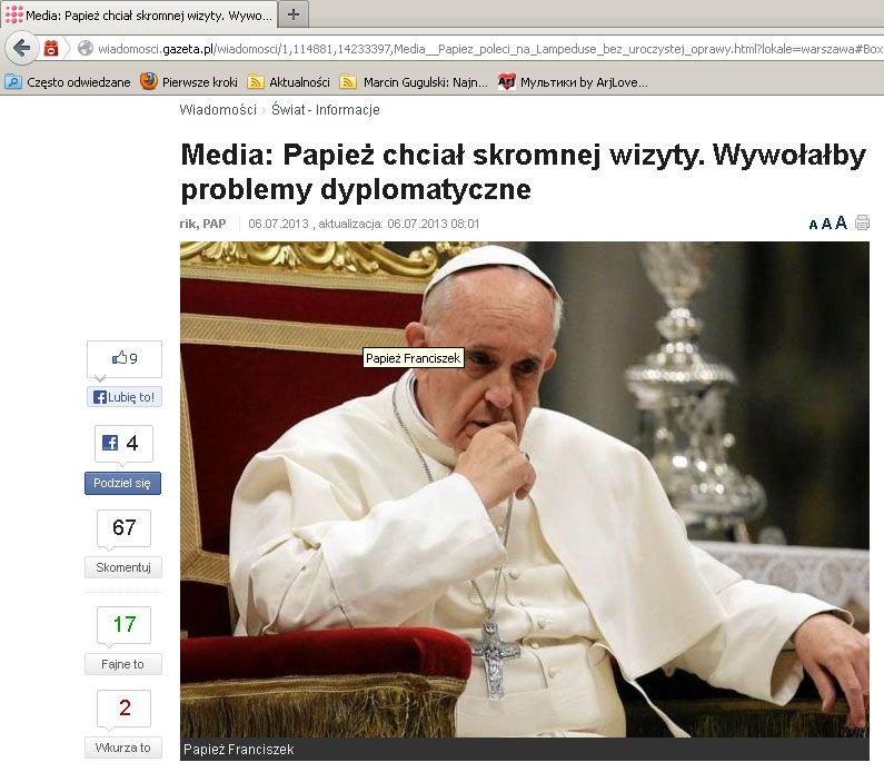 ...na dalszych stronach "Gazeta" pisze, że papież być może jedynie "WYWOŁAŁBY problemy dyplomatyczne". Ale ich nie wywołał...