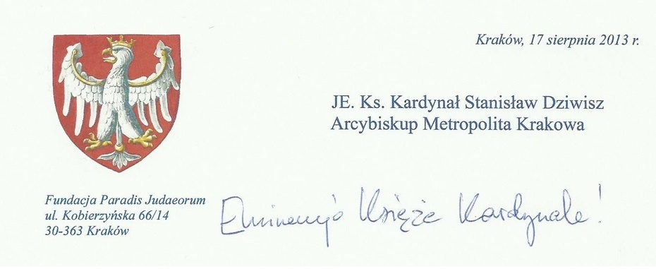 Nagłówek listu Fundacji Paradis Judaeorum do Arcybiskupa Metropolity Krakowa z 17 sierpnia 2013 r.