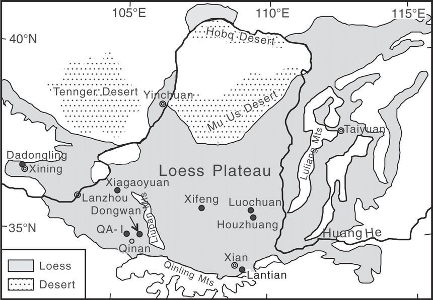 Mapa Wyżyny Lessowej i pustyń wokół rzeki Huang He  - źródło http://geology.gsapubs.org