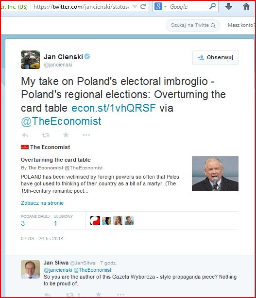 Jan Cienski chwali się na Twitterze swoim tekstem w The Economist