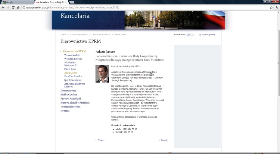 Adam Jasser, podsekretarz stanu,  bez adresu e-mail ( zrzut z ekranu)