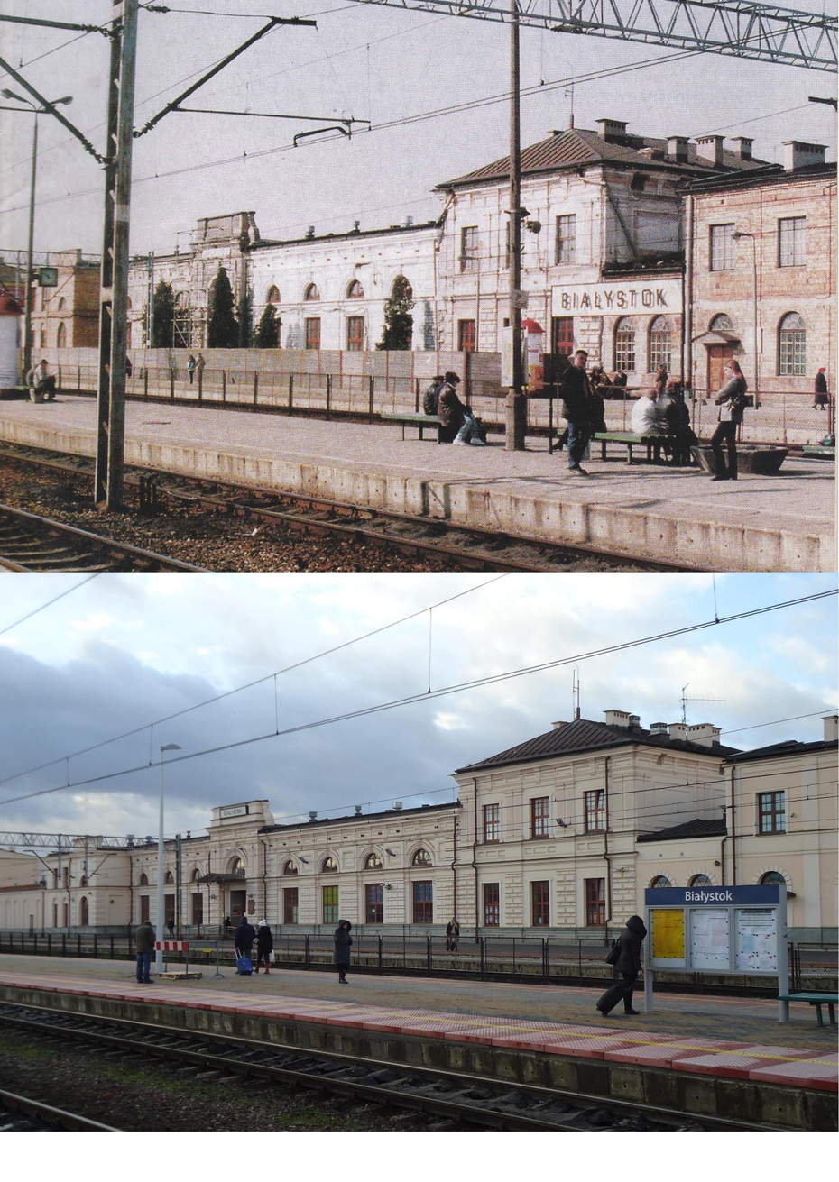 Porównanie wyglądu białostockiego dworca z 2002 i 2013 roku; (fot. Zygmunt Sobolewski - 2002/Tomasz Galicki - 2013)