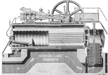 Kompaktowa stacjonarna maszyna parowa z przełomu XIX i XX wieku. Widoczny postęp w konstrukcji kotłów parowych.