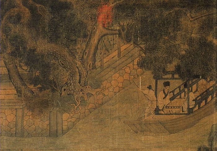 Mężczyźni grający w weiqi na łodzi przy brzegu miasta-stolicy Luoyang. Rok 845.