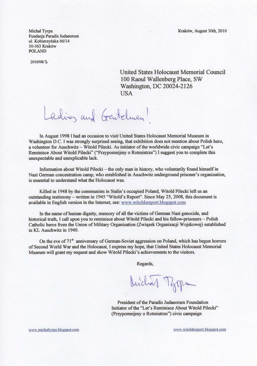 List Fundacji Paradis Judaeorum do Muzeum Holokaustu w Waszyngtonie z 30.VIII.2010