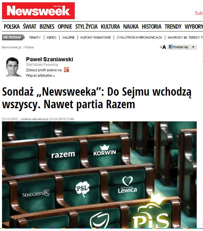 Estymator (Newsweek, 23 X, 13:49) – Do Sejmu wchodzą wszyscy [7 partii]