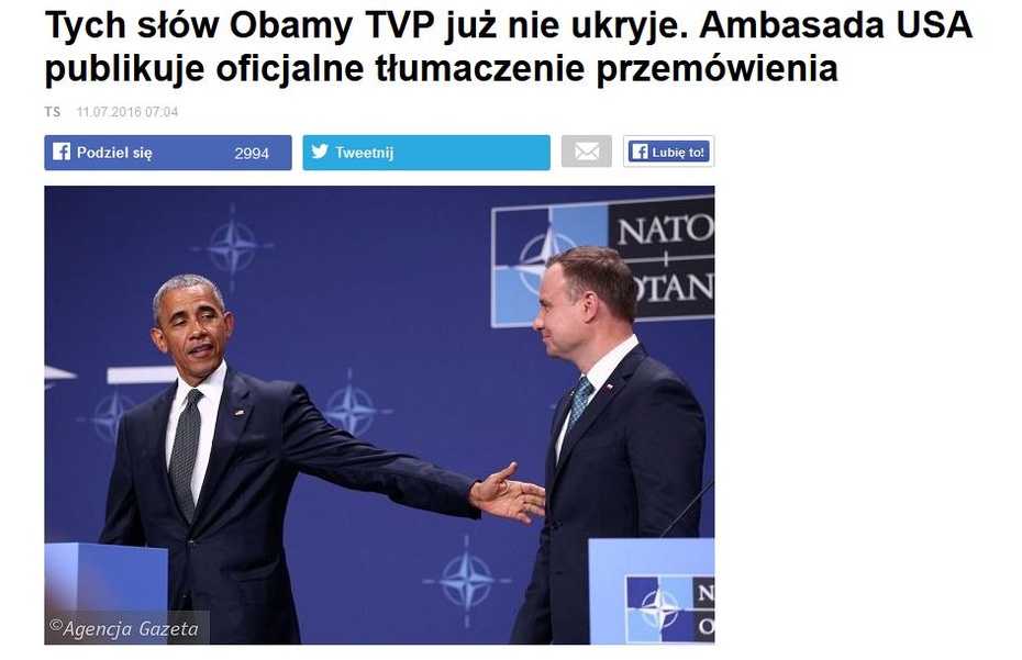 Tytuł informacji Gazety.pl na temat tekstu Obamy. Mylący. Już znikł z ze SG.