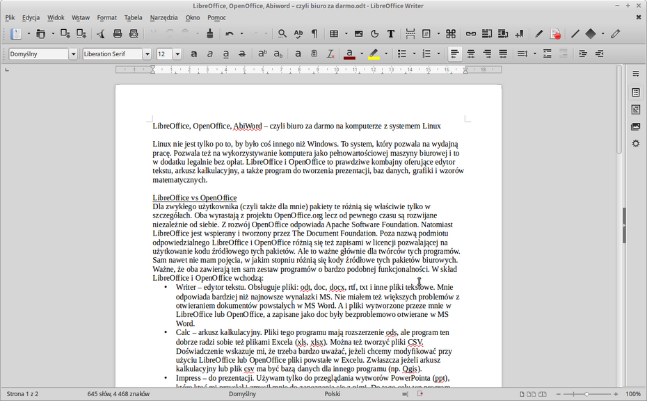Okno programu LibreOffice Writer