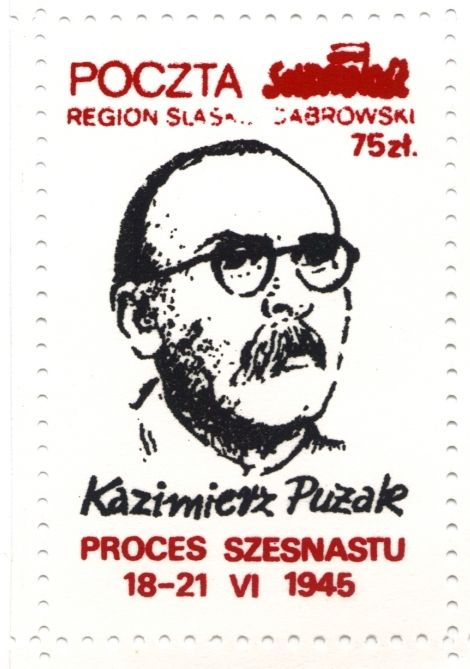 Kazimierz Pużak, jeden z "16". Znaczek okolicznościowy wydany przez Solidarność w latach 80. Archiwum JK