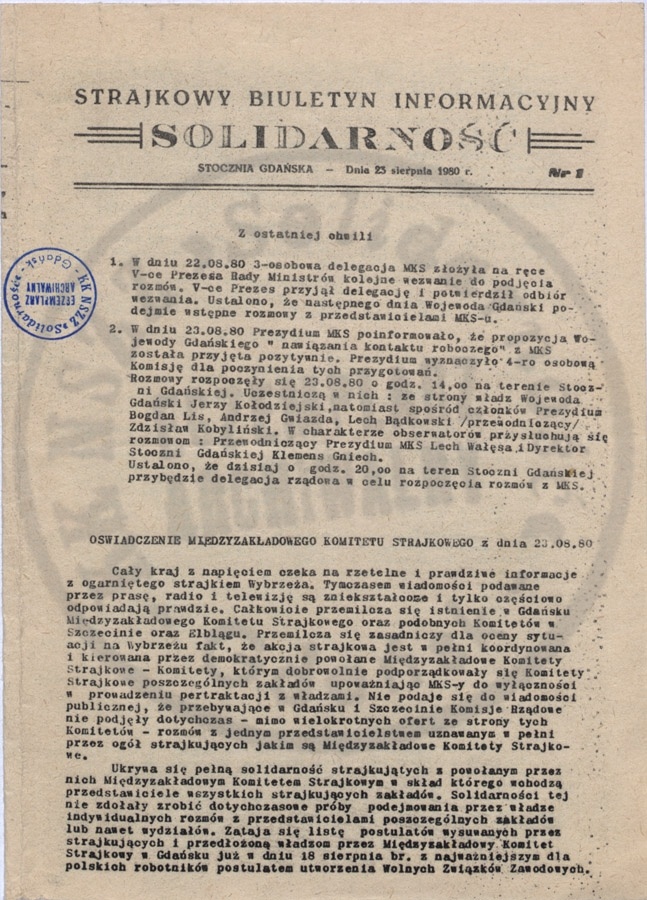 Pierwszy numer Strajkowego Biuletynu Informacyjnego "Solidarność" wyszedł 23 sierpnia 1980r.