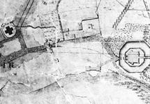 Kórnik, zamek, miasto. Fragm planu 
Ziehlkego (1827). Nie było jeszcze szosy biegnącej w poprzek dziedzińca. Zbiory BK PAN