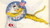 Godło słynnych "Latających Tygrysów" malowane na Curtisach P 40. Ze szkicownika 10-letniego Alpejskiego.
