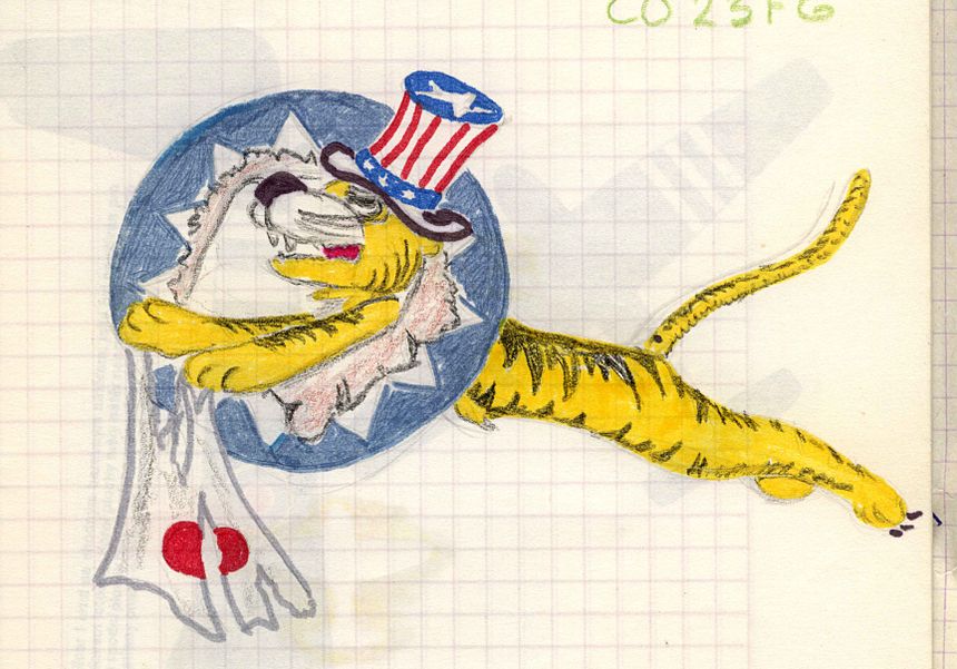 Godło słynnych "Latających Tygrysów" malowane na Curtisach P 40. Ze szkicownika 10-letniego Alpejskiego.