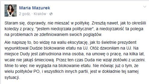 "Hak" z etatem Dudy na UJ/ Facebook: Maria Mazurek