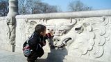 Chłopiec podziwia mityczne stwory na balustradzie