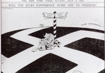 Political cartoon entitled “Will the Evian conference guide him to freedom?” in The New York Times, July 3, 1938