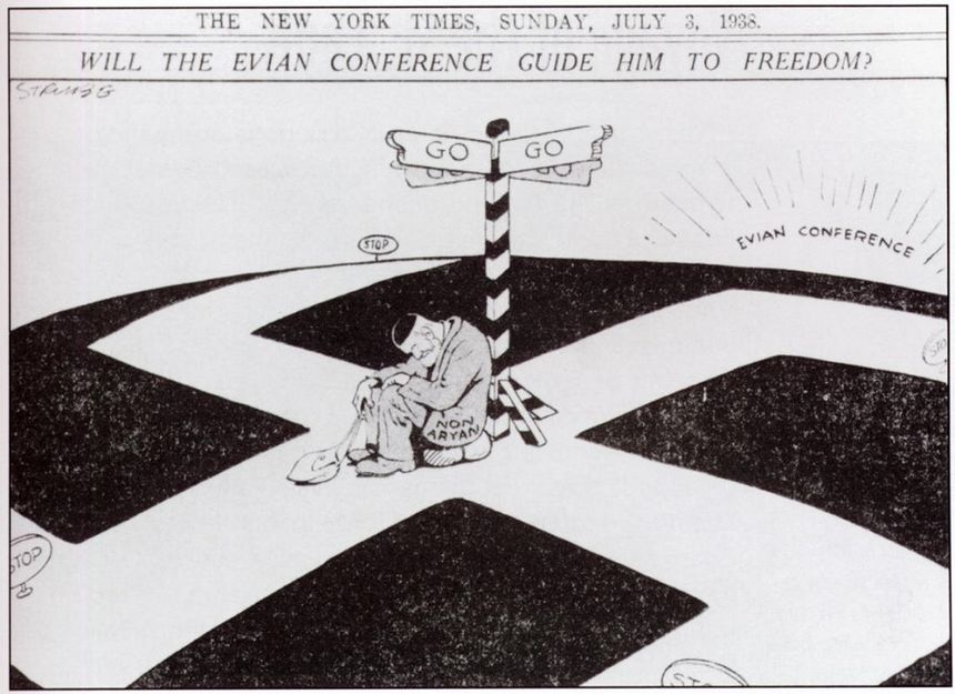 Political cartoon entitled “Will the Evian conference guide him to freedom?” in The New York Times, July 3, 1938