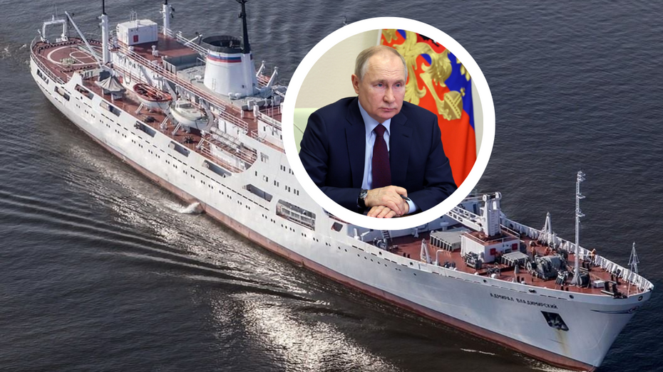 Statek "Admirał Władimirski" (tło), Władimir Putin (C) (fot. Wikimedia, PAP/EPA)