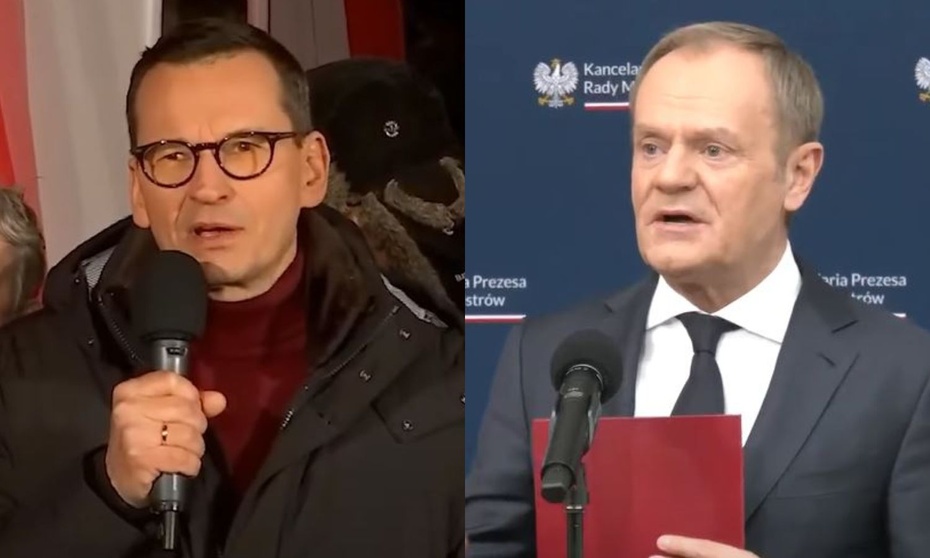 Mateusz Morawiecki oraz Donald Tusk. / foto: screen YouTube (kolaż)