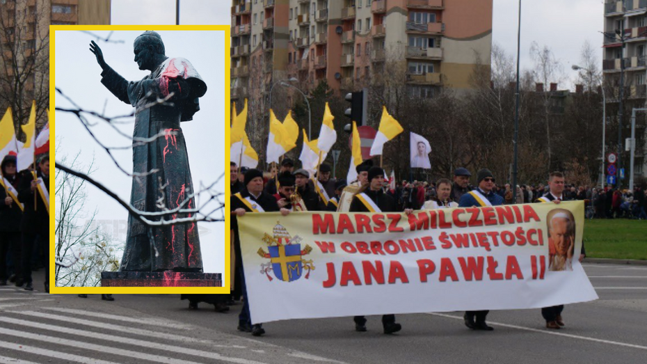 (Pomnik św. Jana Pawła II w Stalowej Woli oblany czerwoną substancją. Fot. Screen z Twittera)