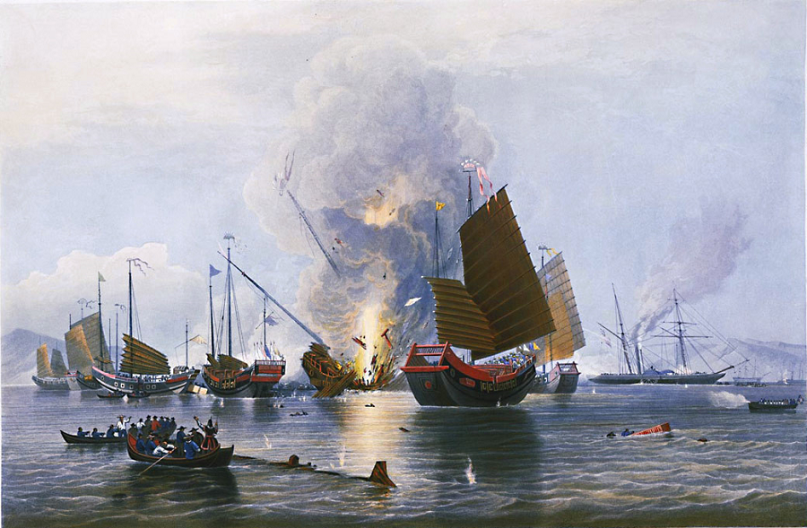 „Zniszczenie chińskich dżonkek wojennych” E. Duncana 7 stycznia 1841 Nemezis był pierwszym brytyjskim okrętem żelazno-parowym.  Nazywany przez Chińczyków „diabelskim statkiem”.