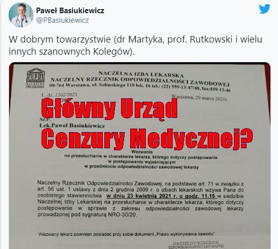 Fragment wezwania dr. Basiukiewicza przez NIL, opublikowany przez doktora na Twitterze (z moją modyfikacją na czerwono)