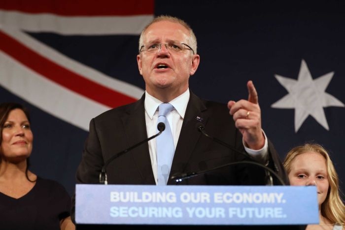 autor zdj.: Marco CATALANO, ABC News (Australia); Premier Scott Morrison podczas powyborczego przemówienia w Sydney