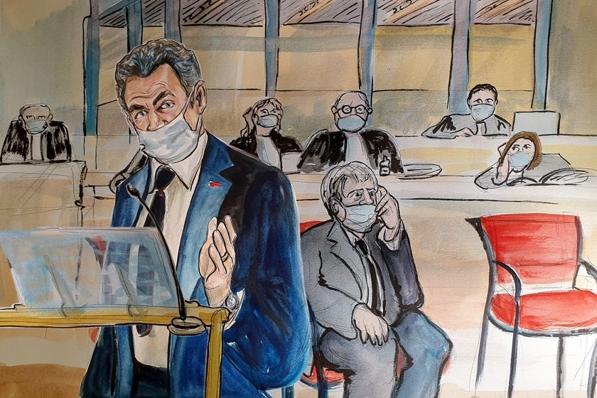 A courtroom sketch made on Nov. 26, shows former French President Nicolas Sarkozy during his trial on corruption charges in Paris. Marie Williams/Getty Images
