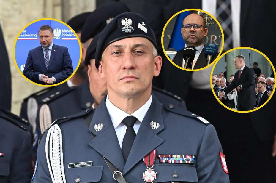 na zdjęciu: w tle  Komendant Służby Ochrony Państwa gen. bryg. SOP Radosław Jaworski, w kołach: szef MSWiA Marcin Kierwiński (L), Marcin Przydacz (P) i prezydent Karol Nawrocki (P). fot. PAP