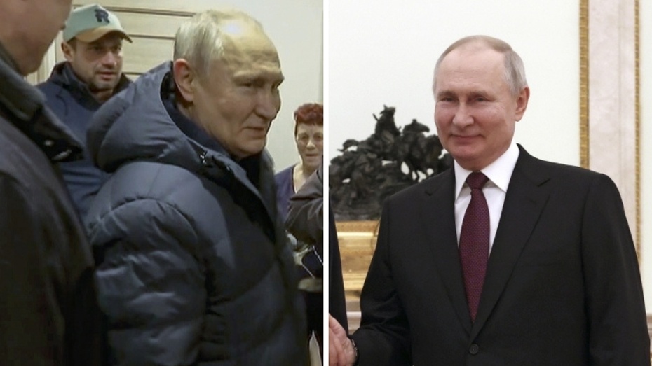 Z lewej rzekomy sobowtór Putina w Mariupolu, z prawej prawdziwy Putin podczas spotkania z Xi w Moskwie. Fot. PAP/EPA
